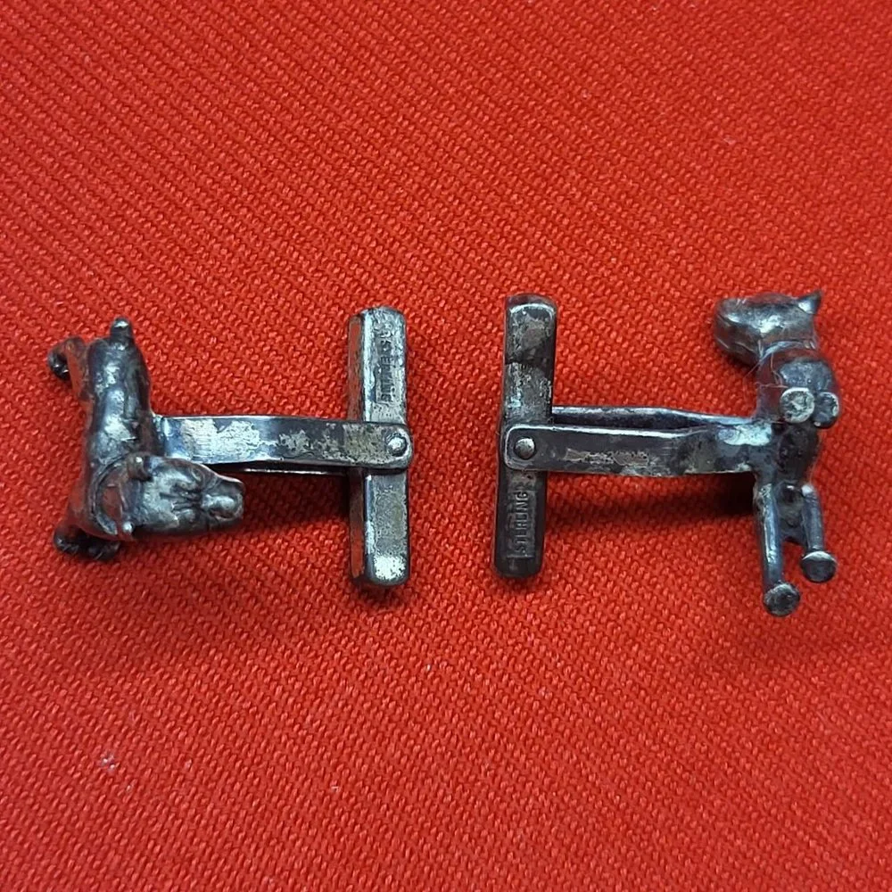 Vintage Signed Sterling Silver 3D Mechanics Heads Dog Cufflinks